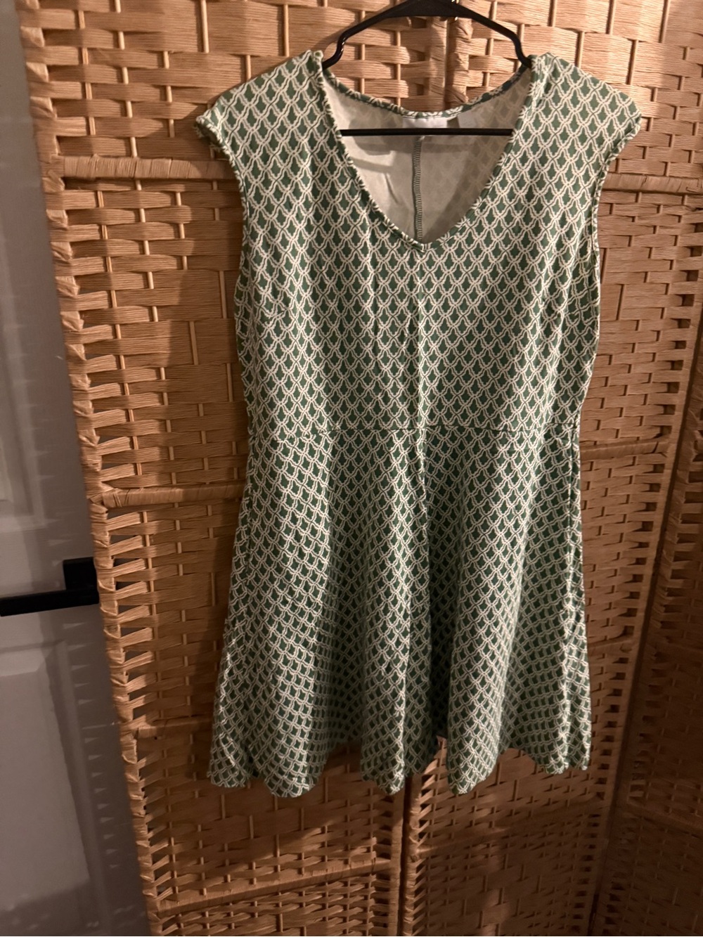 New York & Company Green Printed Cap-Sleeve Fit-and-Flare Dress